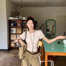 辣妹纯欲风性感露后背绑带设计感短袖T恤女夏季收腰显瘦短款上衣