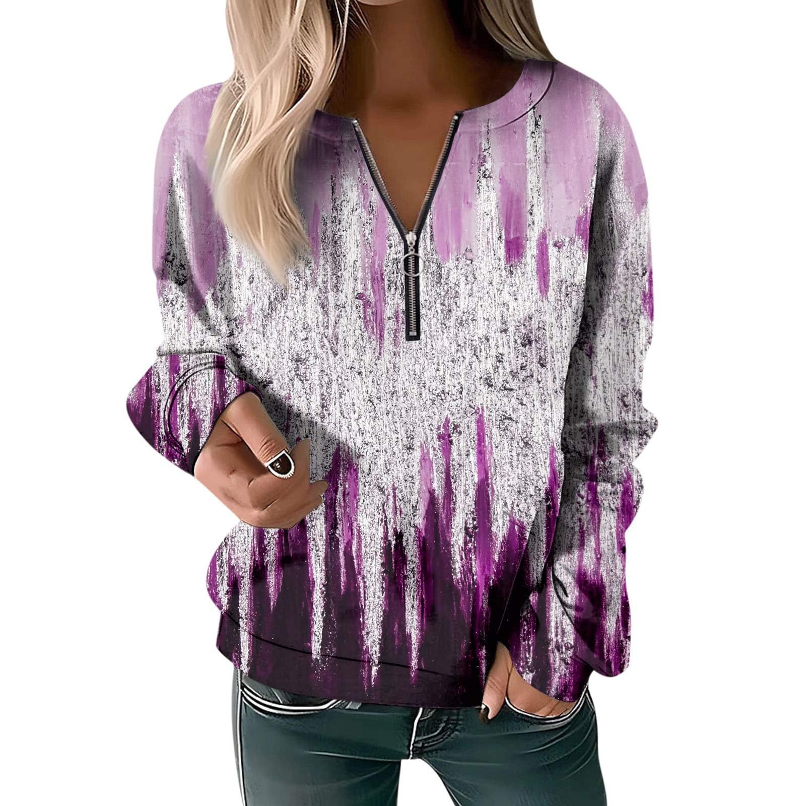 Autumn and winter women's round neck printed loose zipper sweater long sleeve top