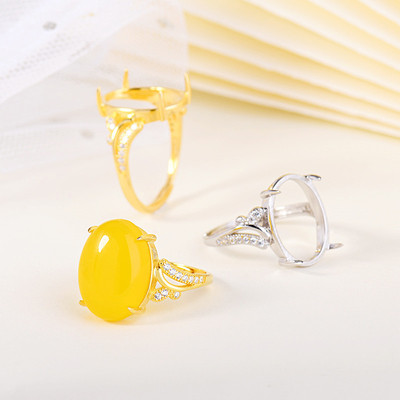 S925 Silver Ring men and women Ellipse Gold color Set Beeswax Emerald Amber jade Ring care