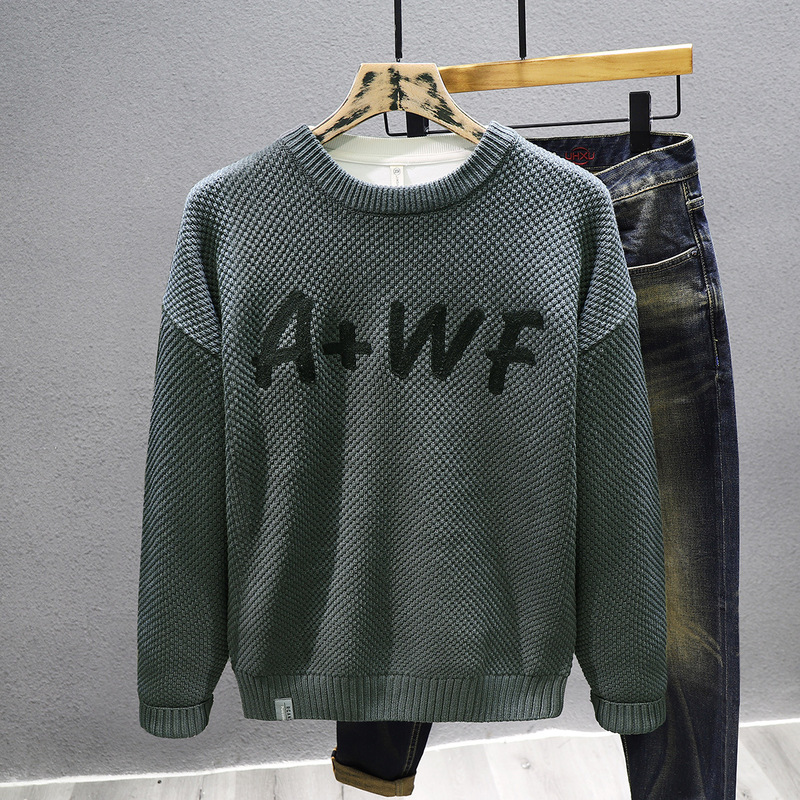 Crewneck Sweater Men's Autumn and Winter Cotton Letter Sweater Loose Thickened Top Winter Clothes Base Sweater Jacket