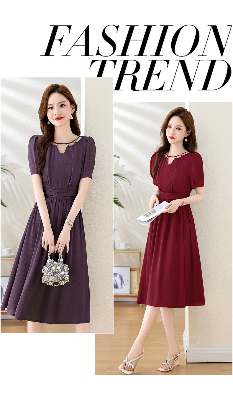 Váy midi mùa hè thời trang sang trọng, thiết kế thon eo, dáng dài vừa phải JX3320 — Màu đỏ rượu, Màu tím chi tiết 4