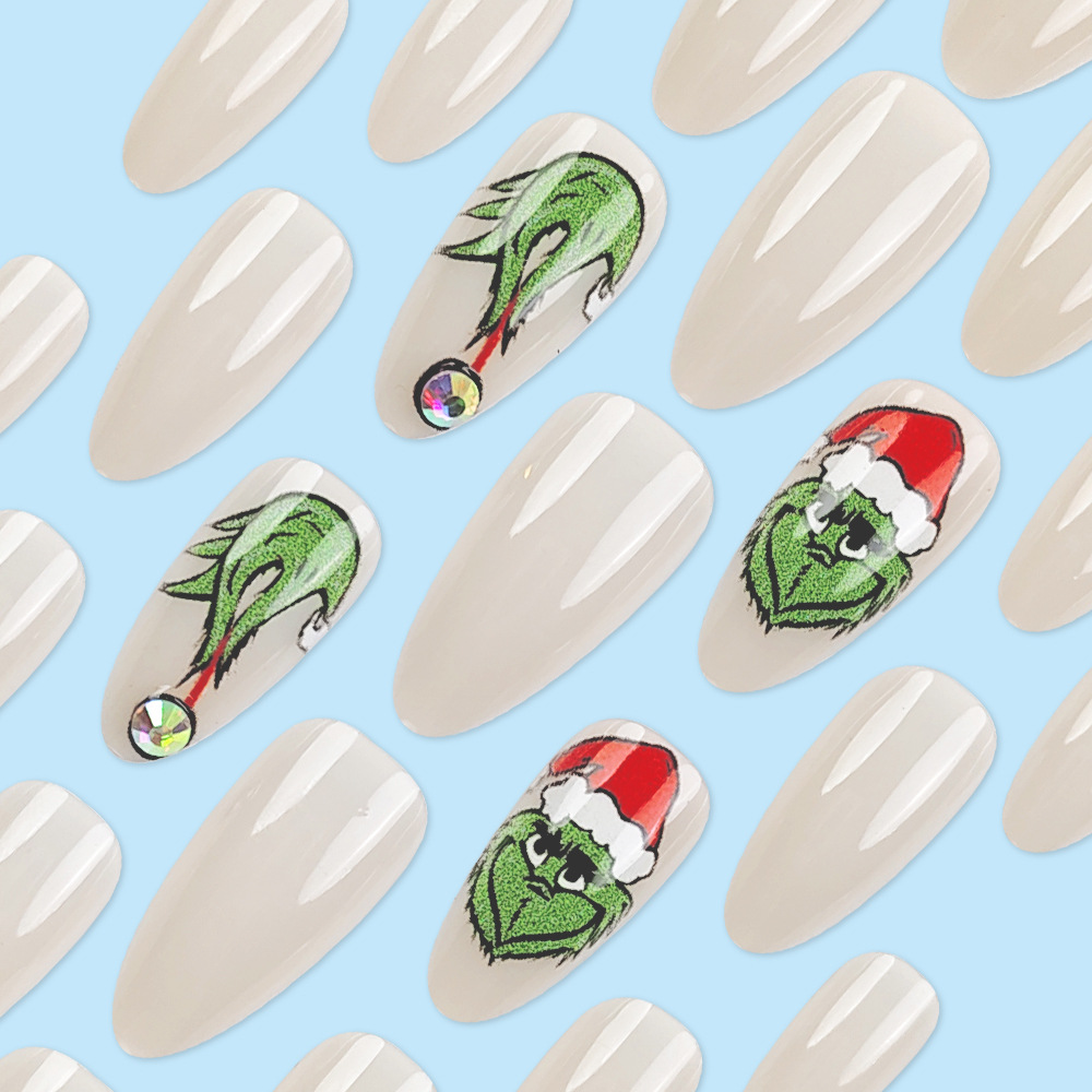 El monstruo de Navidad transfronterizo Jegrinch usa una manicura de dibujos animados larga manicura blanca con diamantes super delgados de vacaciones