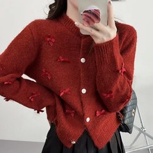 高级感超好看的蝴蝶结毛衣女冬季新年设计感别致红色圆领针织开衫