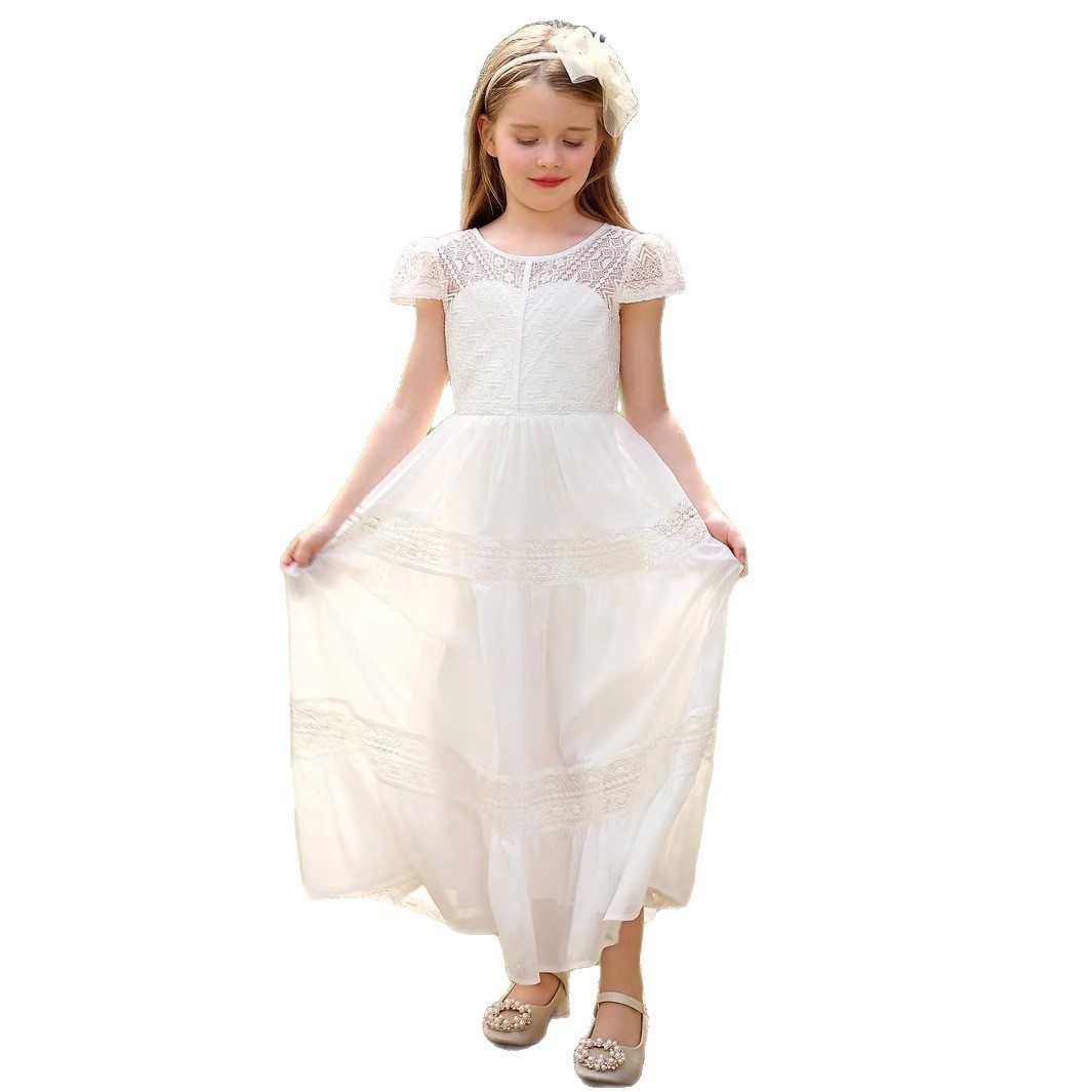 Girls' White Long Dress With Design Elegant Princess Dress Performance And Flower Girl Wedding Short Sleeved Polyester【Pre-sale | Ships In 15 Days】_voghion.com