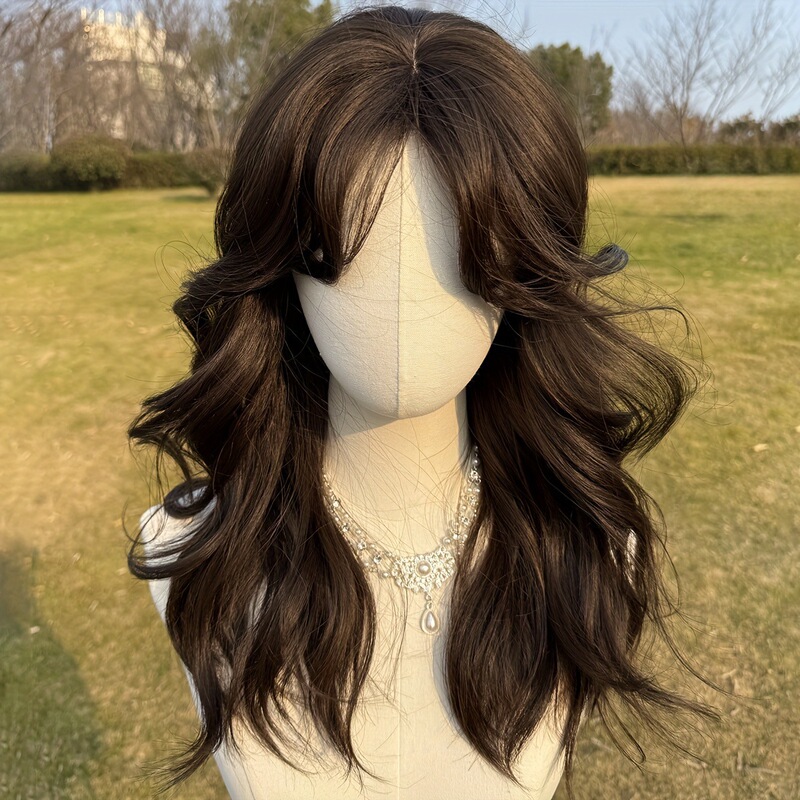Cross-Border Dark Brown Long Curly Wavy Wig with Bangs - Heat-Resistant Synthetic Fiber, 150% Density, Suitable for Beginners Cross-Border Dark Brown Long Curly Wavy Wig with Bangs - Heat-Resistant Synthetic Fiber, 150% Density, Suitable for Beginners