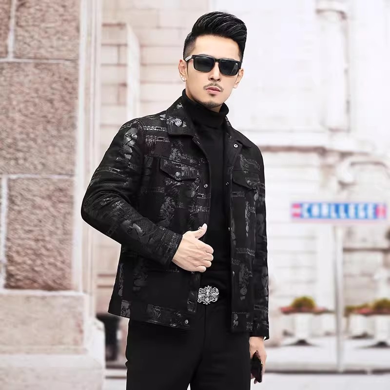 2025秋冬新款海宁真皮皮衣男式印花绵羊皮羽绒服修身外套潮流帅气
