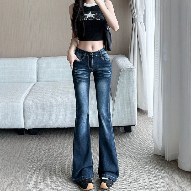 American-style hot girl flared jeans for petite women, tight-fitting, stretchy, low-waisted, slimming straight-leg flared pants