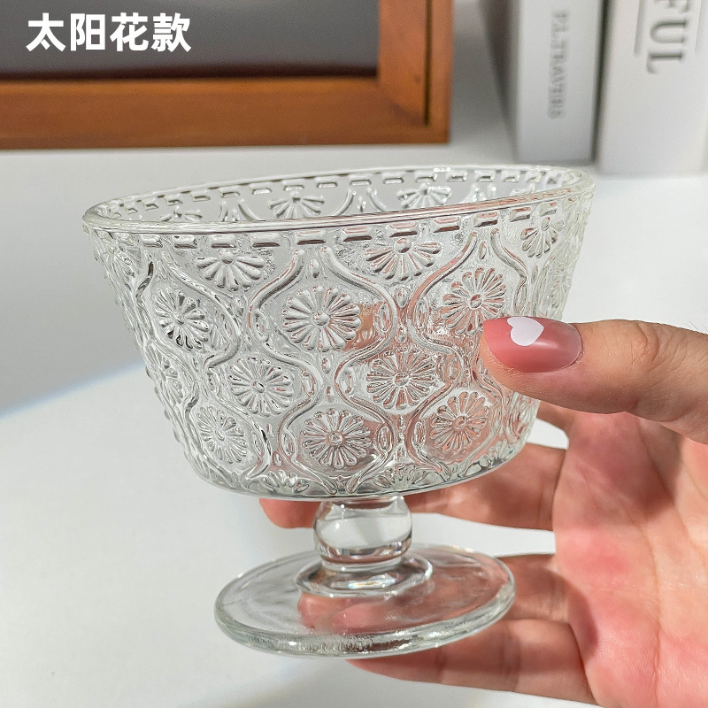 レトロなレリーフ太陽花ガラスボウルins風家庭用アイスクリームアイスクリームボウルヨーグルトオート麦朝食デザートボウル|undefined