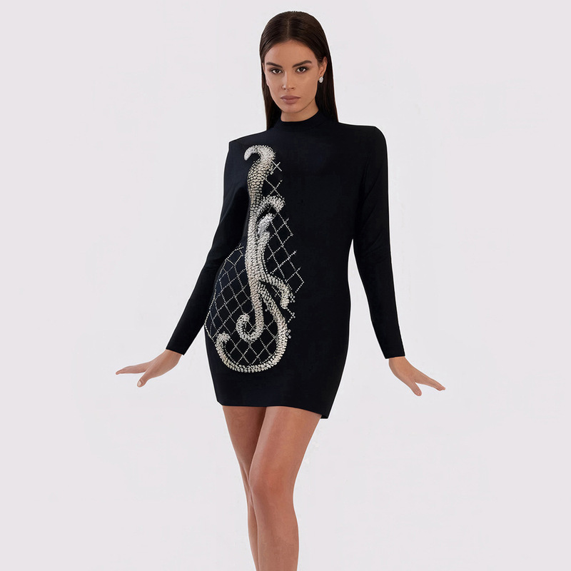New European and American Long Sleeve dress Heavy Industry High Neck Slimming Women's Bandage Skirt Hip Dress for Dinner Party