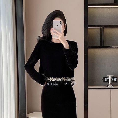 秋冬新款感丝绒时尚两件套气质亮片拼接流苏上衣半身裙套装女|undefined