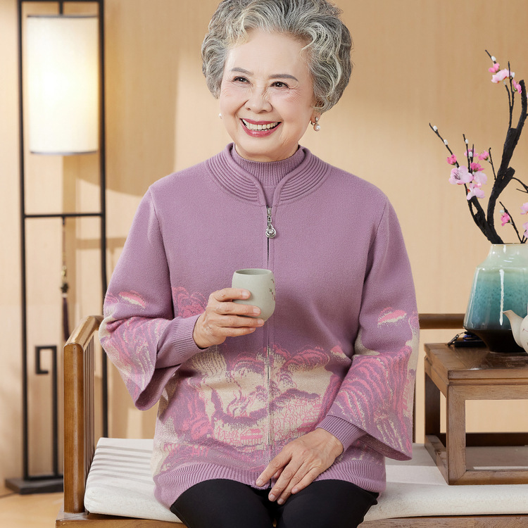 老年人秋装奶奶针织两件套老太太套装秋冬加绒上衣服妈妈洋气毛衣|undefined