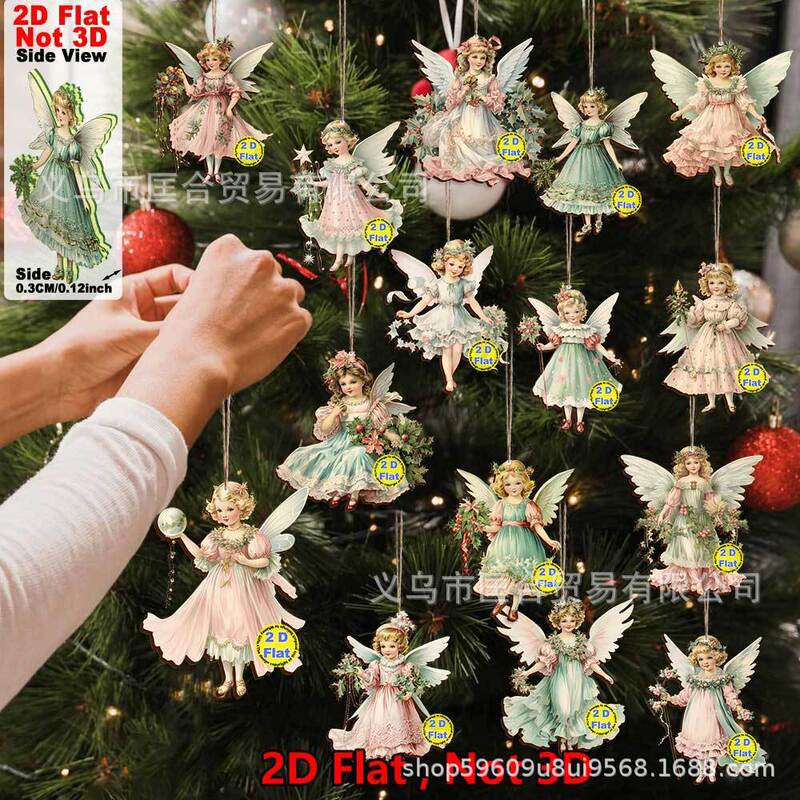 2D Flat 15Pcs Retro Christmas Elf Fairy Angel Wooden Christmas Tree Christmas Decoration Hanging Ornaments
