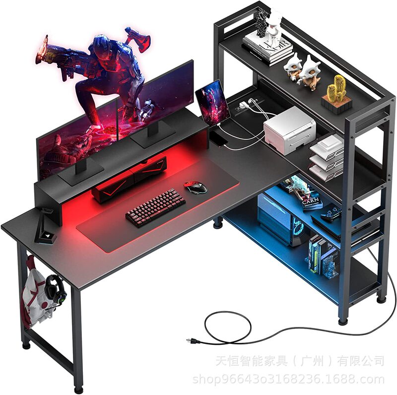 Computer Desk with Shelves Home Office Desk with Charging Ports L-Shaped Computer Desk Gaming Desk Customizable