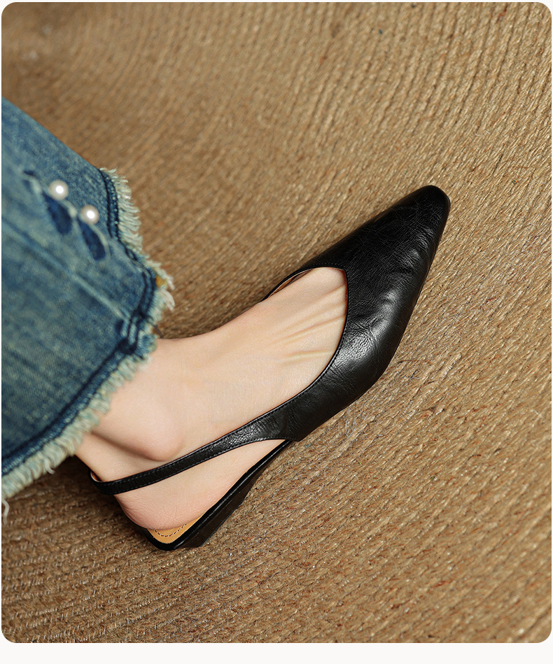 Sandal nữ da bò mũi kín quai sau đế bệt phong cách Hàn Quốc — đen chi tiết 17