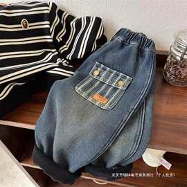 儿童牛仔裤男童2024冬季长裤宝宝口袋童裤女加绒运动风加绒加厚