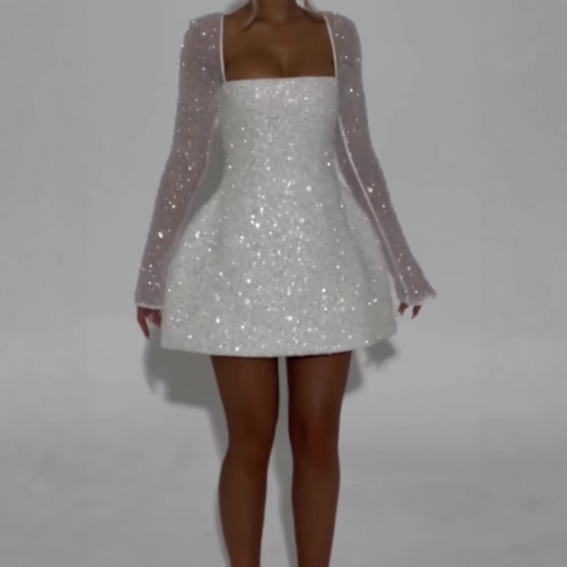 Europe and the United States sexy women's cross-border Amazon new sexy low-cut high waist lace sleeve stitching temperament dress