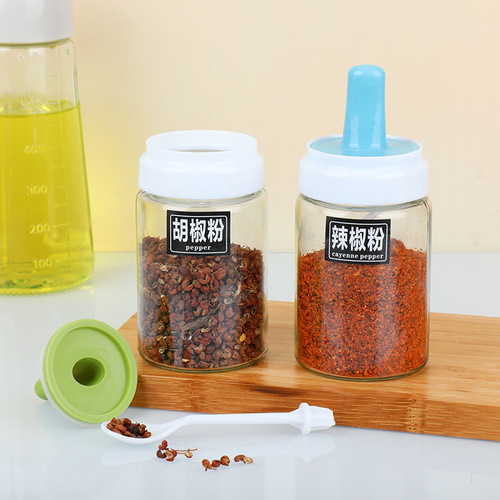 Kitchen condiment jar set sealed moisture-proof sprinkling bottle automatic opening and closing oil pot spoon lid integrated condiment bottle wholesale