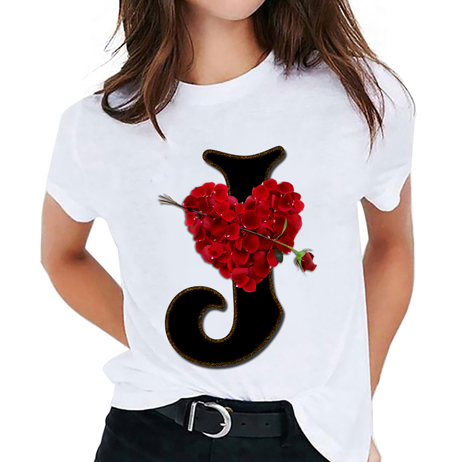 Pullovers Placket Type Regular Sleeve Sleeve Type Polyester Fabric Type Regular Top Length Wholesale Women'S Fashion Letter Heart Shape Short Sleeve Printing T-Shirts