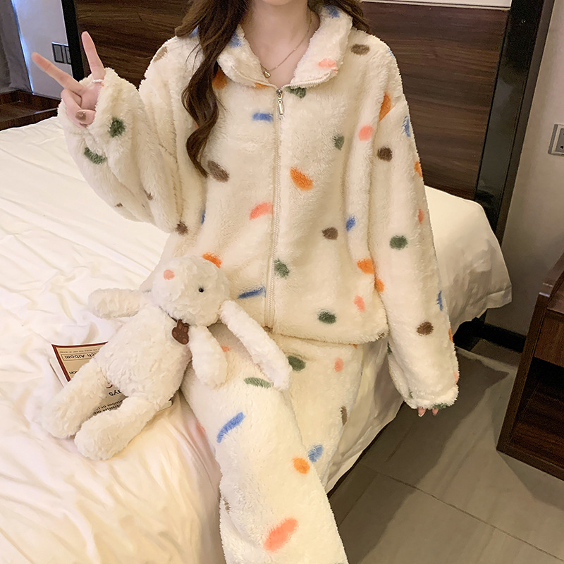 Stuffed Pajamas for Women in Autumn and Winter Thickeneded Warm Clothes Simple Wind and Snow Woolen Fleece-Lined Flannel Home Wear Set