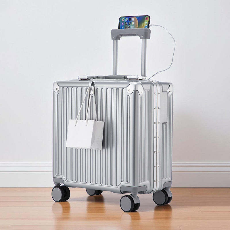 Marco de aluminio Estuche para equipaje de embarque de 18 pulgadas Nuevo maletín con ruedas Estuche con ruedas Estuche con contraseña Ligero, pequeño y duradero