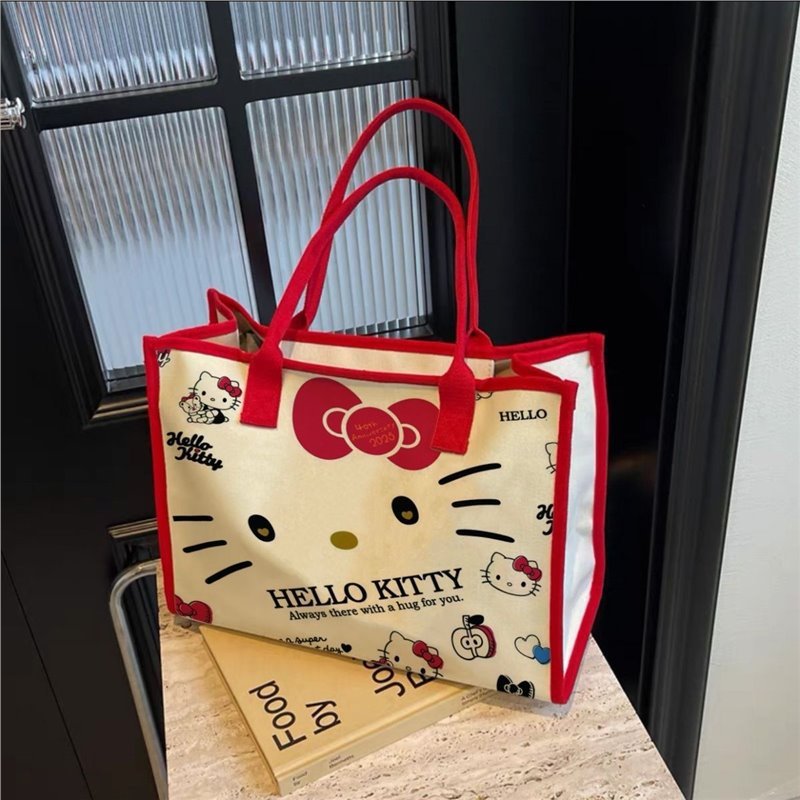 ハローキティバッグレディースファッショナブルでかわいいktポータブルバッグ多用途大学生キャンバストートバッグ大容量|undefined