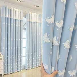 北欧加厚布料绣花窗帘纯色全遮光落地帘客厅卧室阳台飘窗布纱一体
