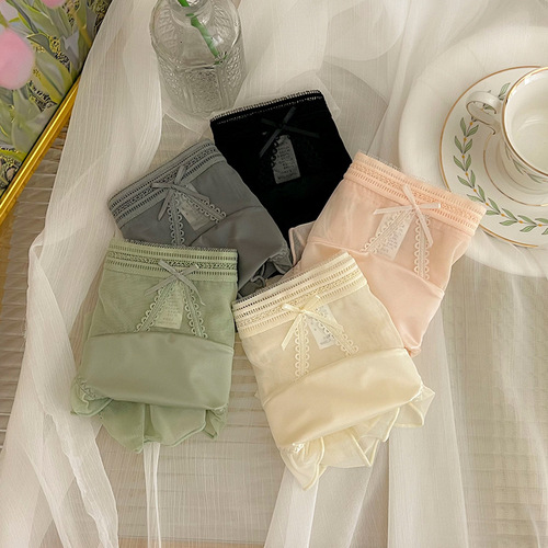 Japanese sweet pure desire mesh panties for women summer thin lace sexy mid-waist breathable bow girl briefs