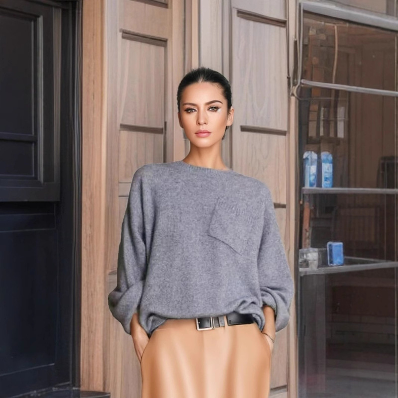 Autumn and Winter IO Cashmere 90 Wool Round Neck Pullover Slant Pocket Design Sweater Elegant Simple Loose Large Wide Sleeve