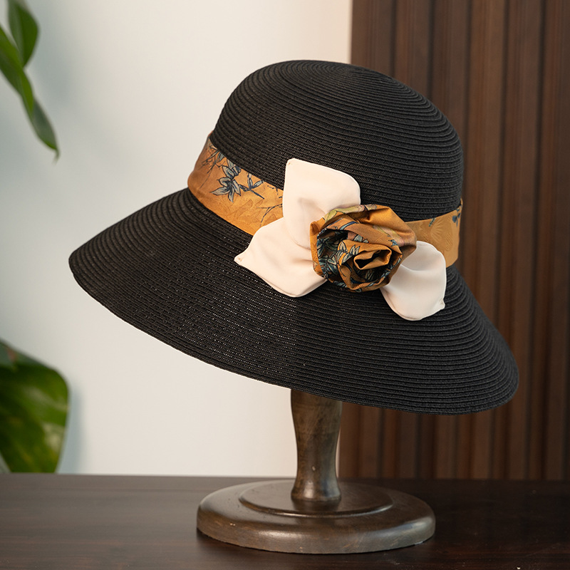Floral Xiangyunsha Straw Hat For Women - Summer Wide Brim Sun Fisherman Hat, Foldable Beach Outdoor Luxury Style - Thumbnail 8