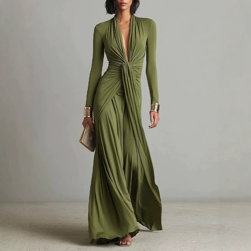 [in Stock] New Cross-Border French Retro Deep V-Neck Twist Waist Dress Elegant Long-Sleeve Draped Long Dress