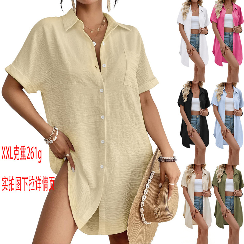 2026 Spring/Summer European and American Cross-Border Amazon New Casual Loose Pocket Short Sleeve Women's Turn-Down Collar Shirt