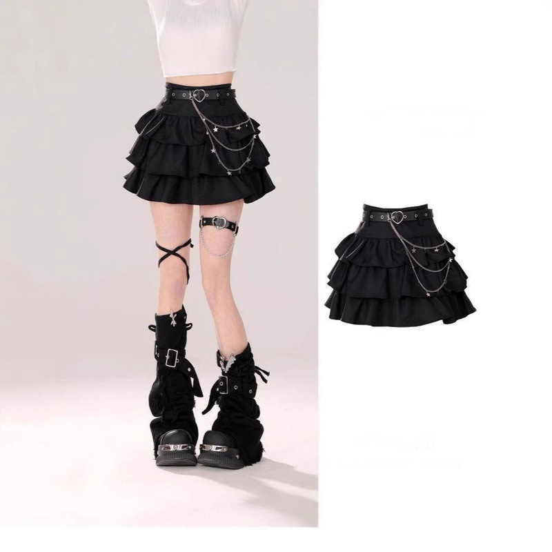 Y2k Spice Girls Black Puff Cake Skirt Women's Autumn Sweet Cool Skirt High Waist Love Belt Denim Leg Set Skirt