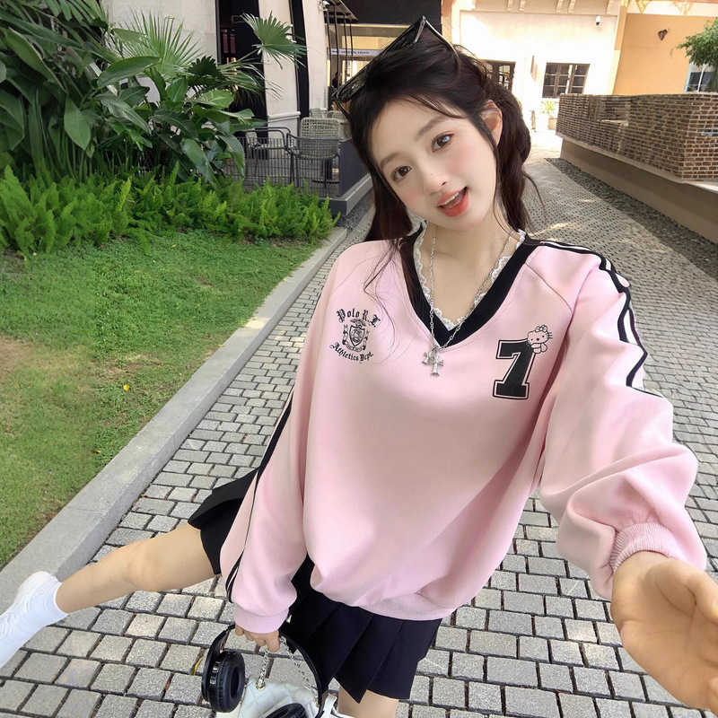 Korean Jersey Style Casual Sweatshirt Women's Lace Contrast Color New Sweet Style Loose Slimming Look V Neck Long-Sleeved Top