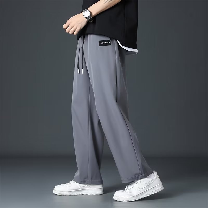 2025 新しいアイスシルクパンツメンズ夏薄いハイストリートストレートワイドレッグパンツ夏のスポーツカジュアルパンツ|undefined