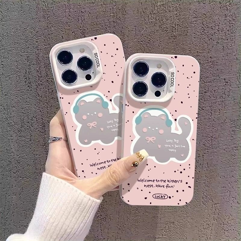 Pink and Ink Headphones Kitten Suitable for Apple 17Promax Mobile Phone Case Iphone16 Classy 15 Large Hole 14 Hard Case