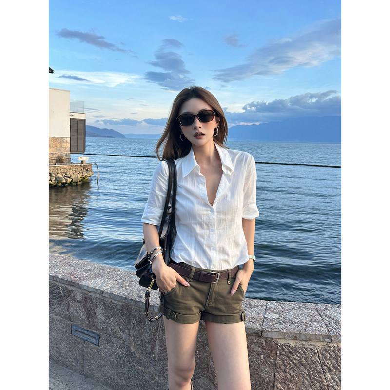 Fangting White Shirt for Women, Spring and Summer, Mid-Sleeve, Regular Shoulder, Short-Sleeve, Short Style, Slim Fit, Waist-Cinching Top Fangting White Shirt for Women, Spring and Summer, Mid-Sleeve, Regular Shoulder, Short-Sleeve, Short Style, Slim Fit, Waist-Cinching Top