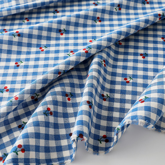 Ins Style Pure Cotton Cherry Printed Small Plaid Shirt dress Doll Clothing Fabric Large Intestine Hair Ring Diy Fabric