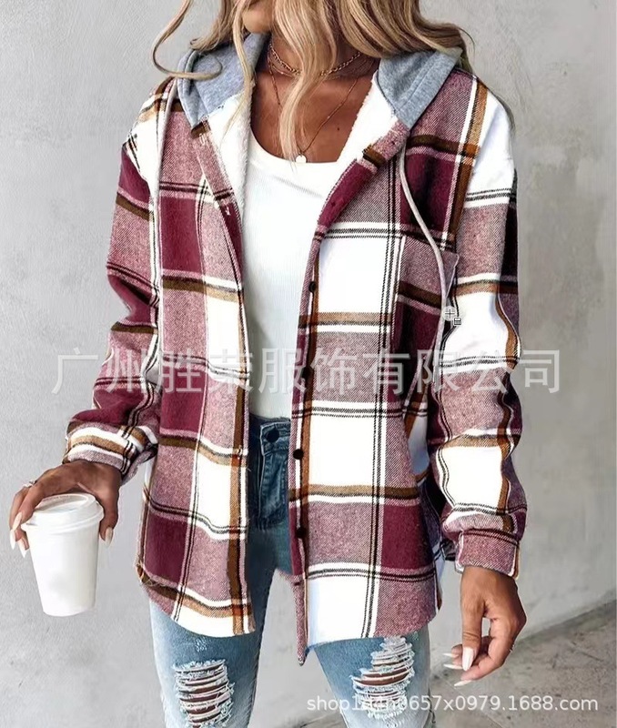2025 新しいクロスボーダー外国貿易ヨーロッパとアメリカの服アマゾン秋冬ホットスタイル大きなチェック柄プリントフード付きジャケット|undefined