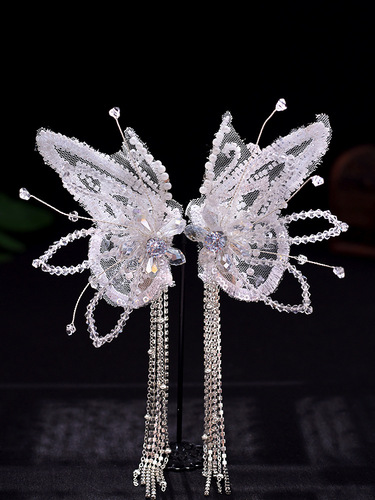 Crystal Butterfly Wings Lace Feather Tassel Hair Clip Bridal Accessory Fairy Beauty Headpiece Weddingress Hair Accessory