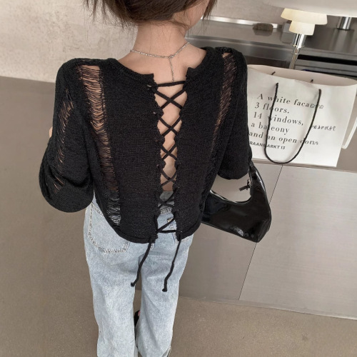 Ladies' Summer 2025 Stylish Sheer Mesh Belted Knit Top with Sun Protection, Slim Fit Short Sleeve Blouse