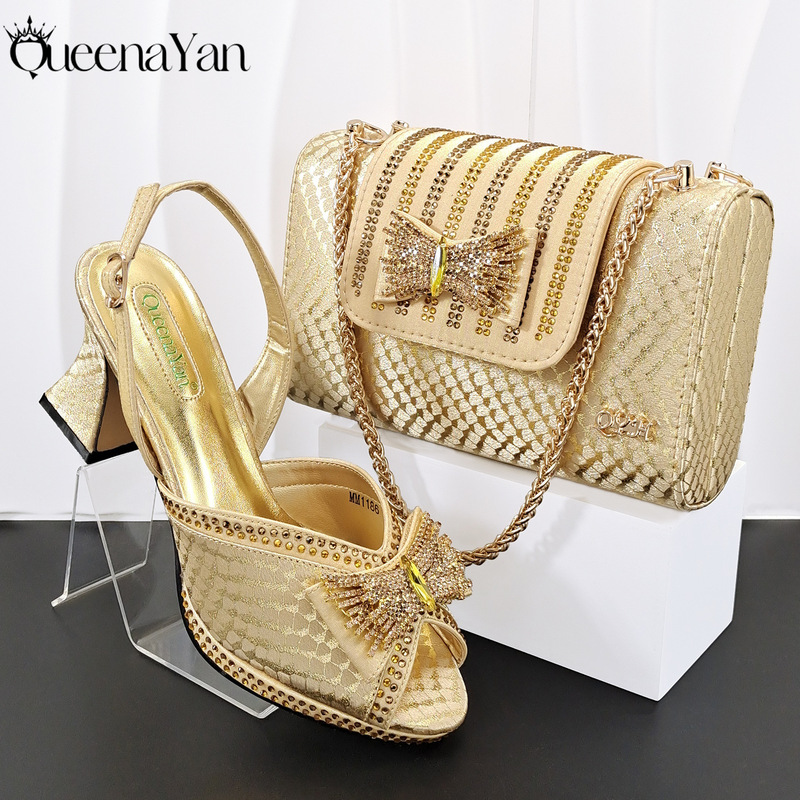 Cross-Border Snake Print Gold-Stamped Bowknot Chunky Heel Women's Shoes, Square Snake Print Clutch Bag, Party Shoe and Bag Set, Foreign Trade Supply