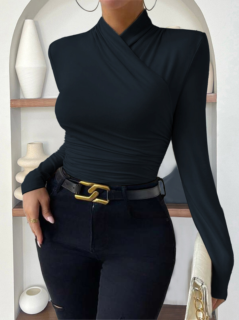 Elegant Women's Cross-Neck Slim-Fit T-Shirt Tuck Detail Versatile Autumn Winter Wardrobe Staple Fashion Top for Ladies_ecoleips.com
