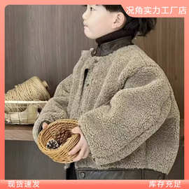 男童冬季毛毛衣棉服套装2024新款加厚拼接外套裤子两件套加厚潮流
