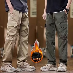 fleece-lined thickened autumn and winter high street overalls men's straight wide leg casual pants 2024 new warm long pants