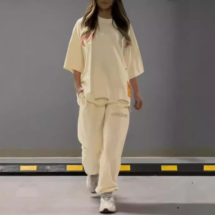 Cross-border Independent Station 2024 Spring/Summer European and American Women's Loose Hollow Crewneck T-shirt Top Pants suit Two-piece Set