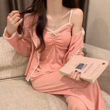 2024年新款长袖睡衣女春秋款季仿棉纯欲风性感碎花带胸垫三件套装
