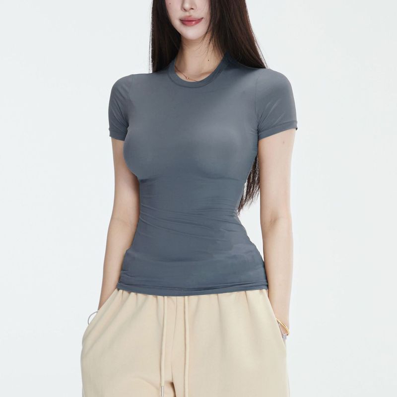 半袖春夏スリムフィット伸縮性右肩タイトピンクTシャツ半袖トップス女性用|undefined