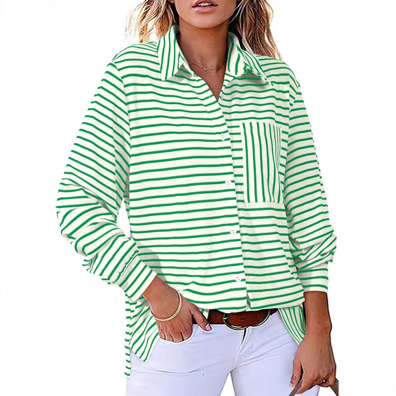 Women's 2025 Cute Striped Waffle Oversized Stretch Long Sleeve Shirt Soft Collar V-Neck Button Shirt Top