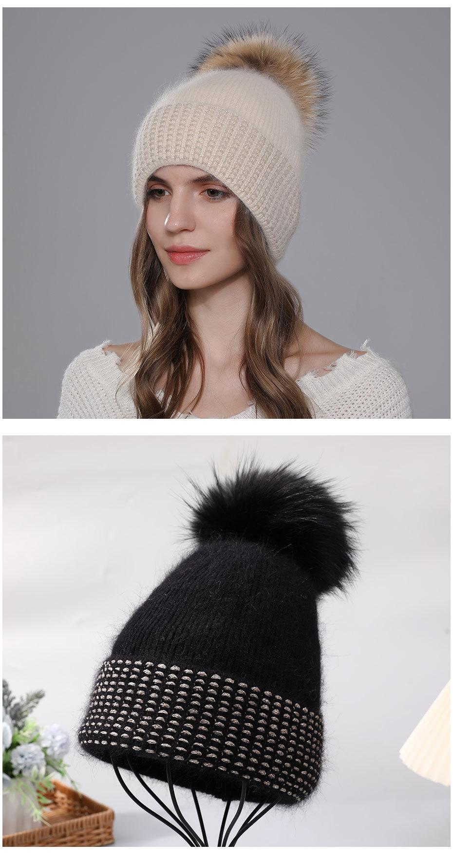 Ægte vaskebjørnepelsbold til kvinder, kaninhår strikket varmt til børn, moderigtig vinteruldhue_voghion.com