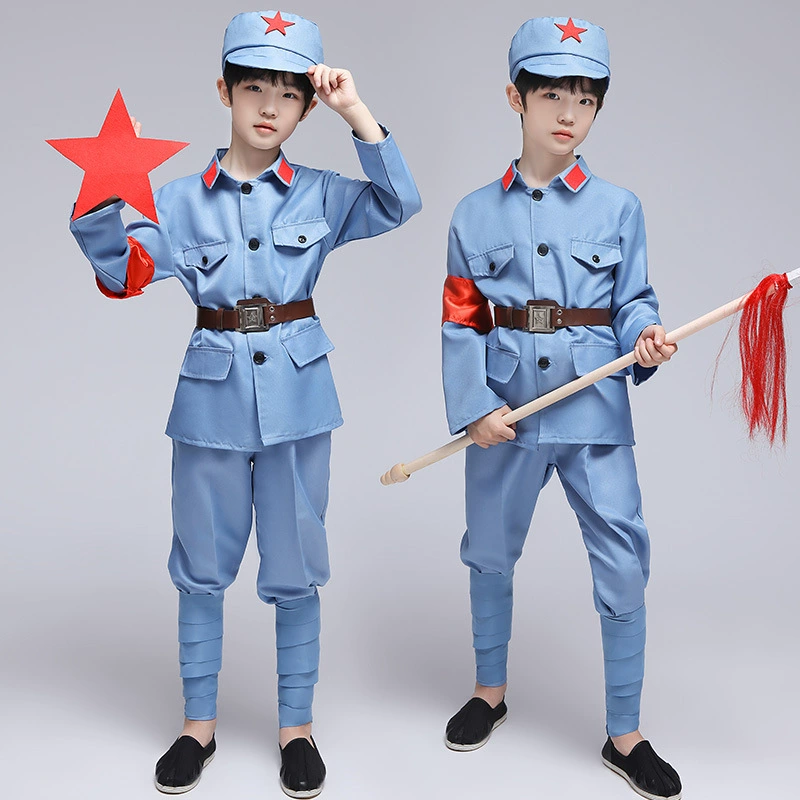 Детский костюм для выступлений в маленькой Красноармейской армии Восемь маршрутных красногвардейцев Костюм с красными звездами Сияющий костюм для выступлений Реквизит с пятиконечной звездой Пистолет с Красной кисточкой